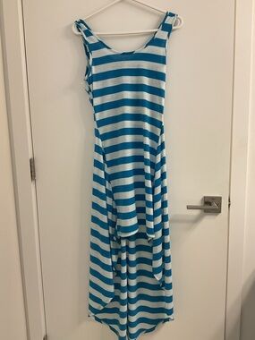 ***Luxe Striped with ribboned back , High- low Dress in Turquoise and White
